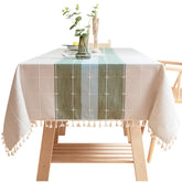 Embroidery Tassel Tablecloth Cotton Linen Dust-Proof Table Cover for Party Home Tabletop Decoration-GreenBlue