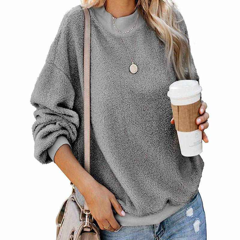 Womens Plush Sweater Casual Round Neck Sweatshirt Pullover-Gray