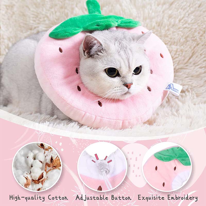 Adjustable Cat Cone Collar Soft Cute Cat Recovery Collar After Surgery-Strawberry