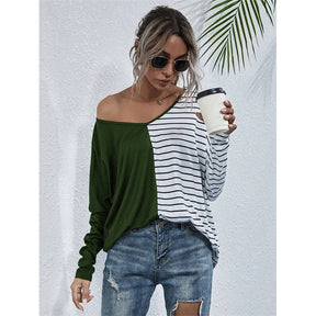 Womens Striped V-Neck Long Sleeve Tops-Green