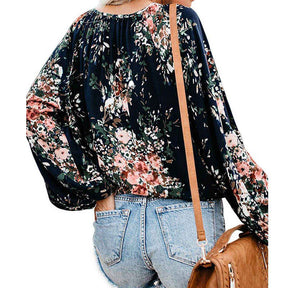 Womens V-neck Casual Boho Floral Print Long Sleeve Shirts-Navy