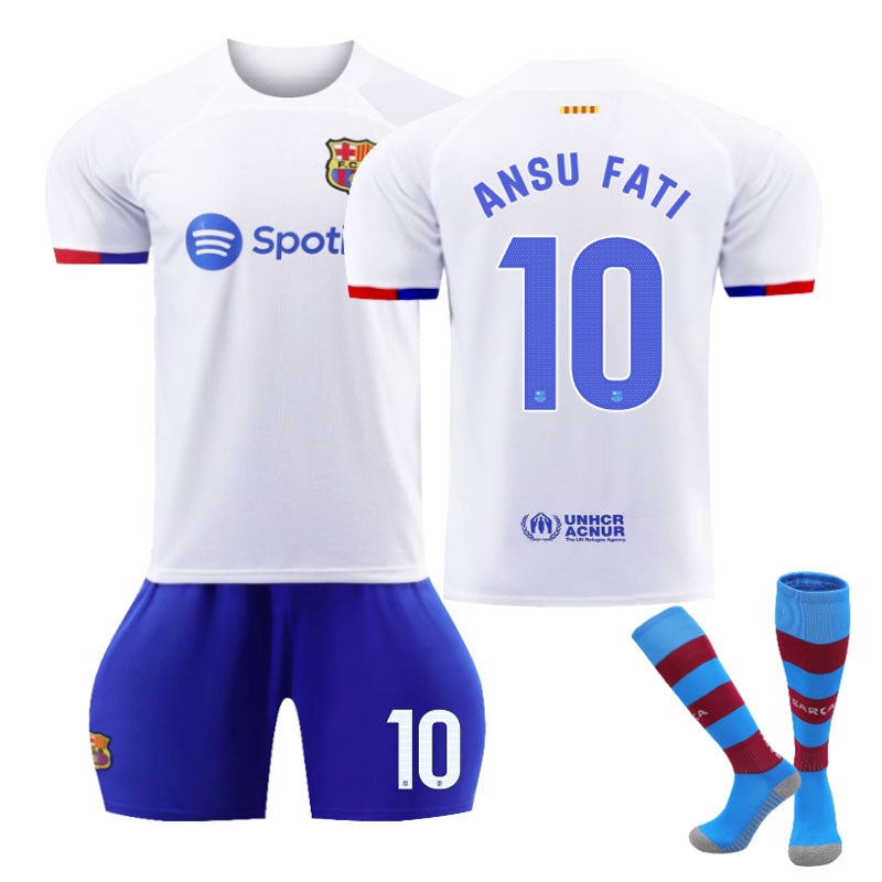 Barca Away Jersey ANSU FATI #10 Soccer Jersey Kids Adult 3-Pieces Jersey Kits