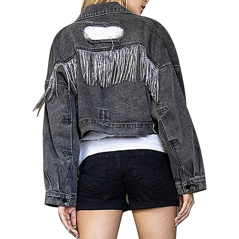 Womens Denim Jacket with Fringe Rhinestones Crop Casual Coat-Black