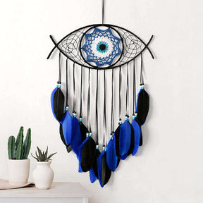 Evil Eye Dream Catcher Feather Wall Pendant Home Decoration-Blue Black