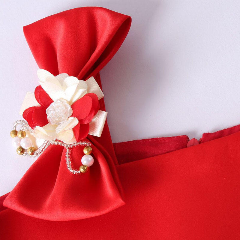 Oblique Shoulder Childrens Dress Rose Print Dress Girls Evening Party Costume-Red