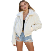 Womens Sherpa Fleece Jackets Lapel Zip Up Winter Warm Crop Outwear-White