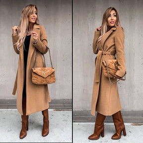 Womens Trench Coats Lapel with Tie Belt Fashion Winter Long Outwear-Khaki