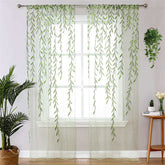2 Panels Sheer Curtains Rod Pocket Willow Leaves Print for Living Room-Green