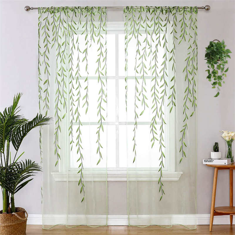 2 Panels Sheer Curtains Rod Pocket Willow Leaves Print for Living Room-Green