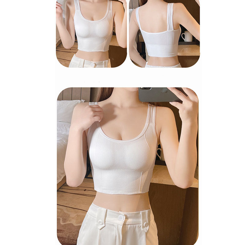 Crop Ribbed Tank Tops Solid Breathable Sports Bra Padded-White