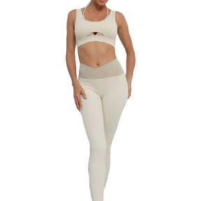 Womens Color Block Hip Lift Fitness Suit Sports Underwear and Yoga Trousers-Khaki