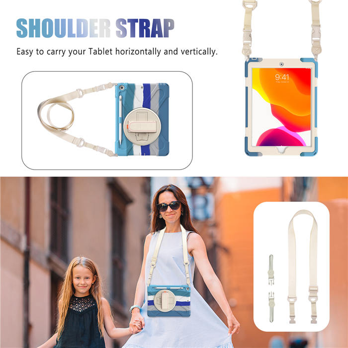 iPad Case With Pencil Stand+Rotating Stand+Shoulder Strap For iPad10.2 Inch 2020/2019-Blue