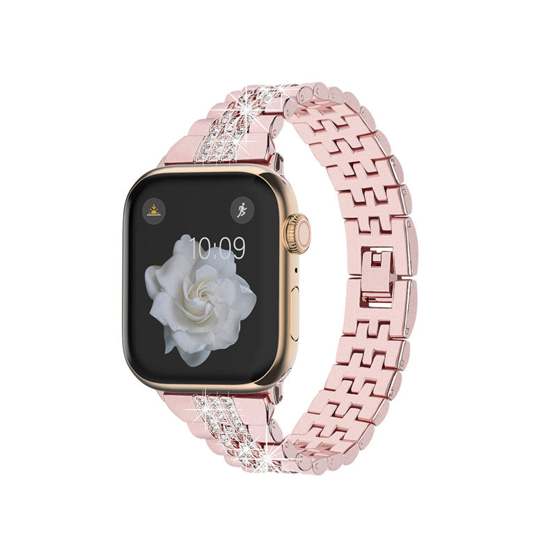 Metal Watchband with Rhinestone Adjustable for iWatch Series SE 7 6 5 4 3 2 1-Rose Pink