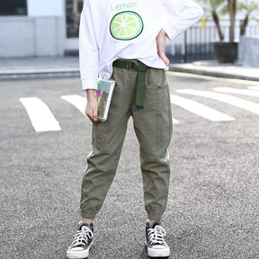 Girls Joggers Long Pants Pockets Outdoor Casual Trousers Buttons-ArmyGreen