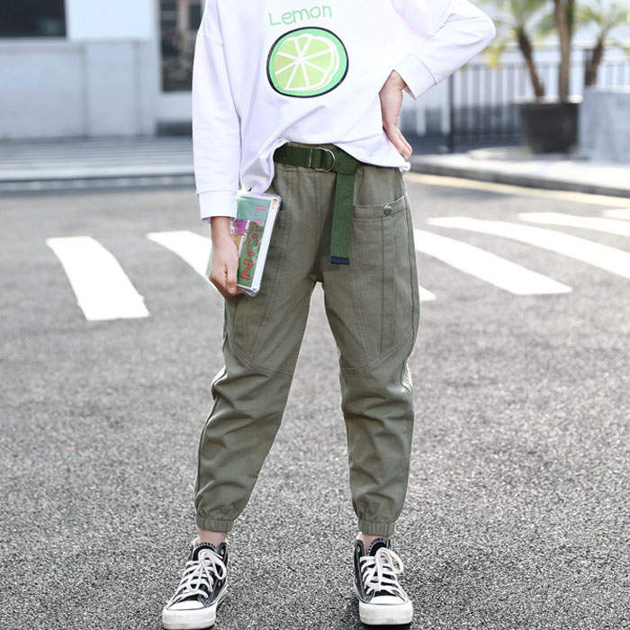 Girls Joggers Long Pants Pockets Outdoor Casual Trousers Buttons-ArmyGreen