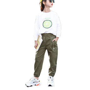 Girls Joggers Long Pants Pockets Outdoor Casual Trousers Iron Ring-ArmyGreen