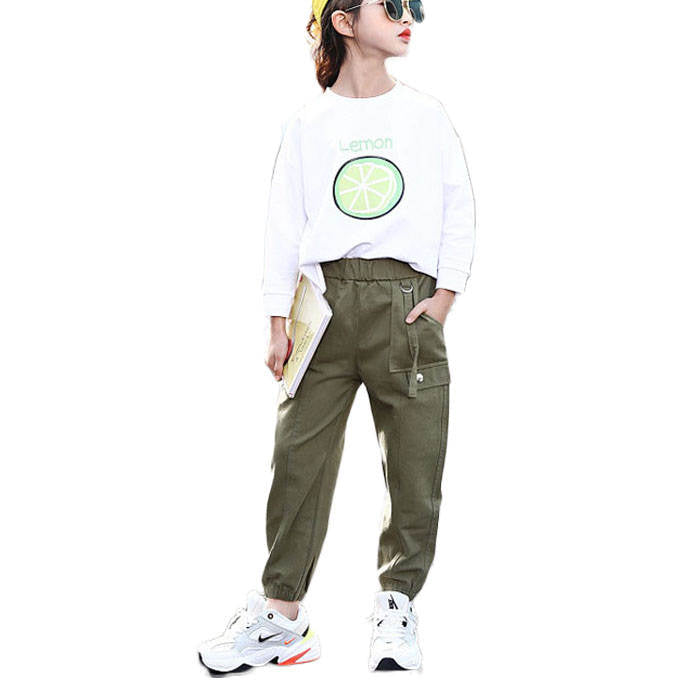Girls Joggers Long Pants Pockets Outdoor Casual Trousers Iron Ring-ArmyGreen
