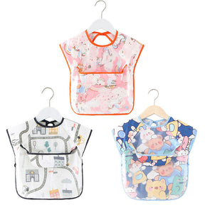 3 Pcs Short Sleeve Waterproof Bib with Crumb Catcher Pocket for 0-3 Years-C