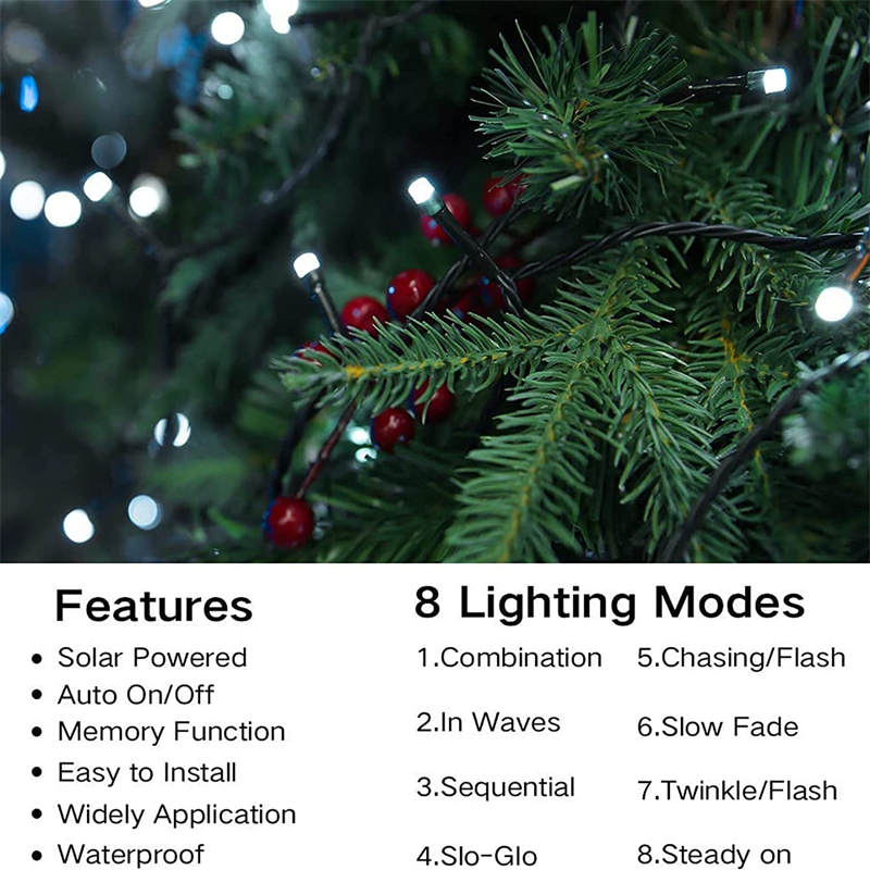 Solar Christmas Lights 72ft 200 LED 8 Modes Solar String Lights Waterproof-White