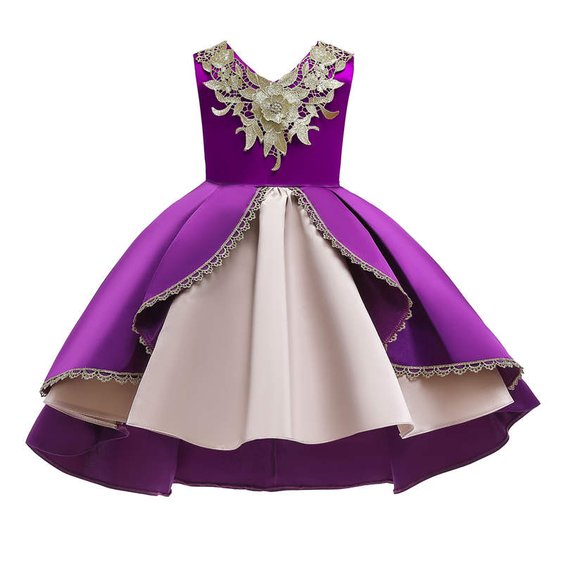 2-9 Years Flower Girls Dress Wedding Party Embroidered Dress-PurpleGold