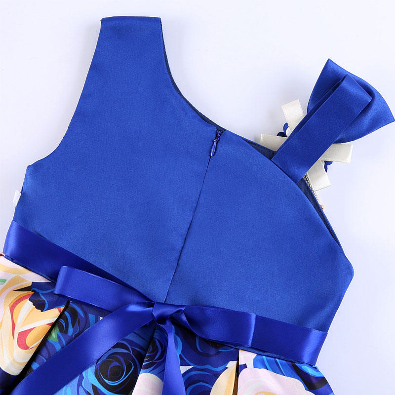 Oblique Shoulder Childrens Dress Rose Print Dress Girls Evening Party Costume-Blue
