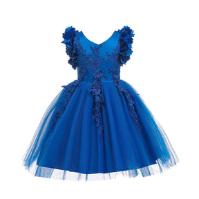 Princess Flower Girl Lace Dress Pageant Kids Christmas Party Dresses-Colorful Blue