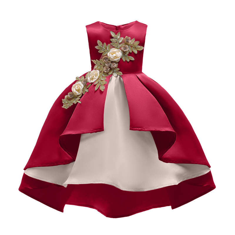 2-9 Years Flower Girls Dress Wedding Party Embroidered Dress-RedWine