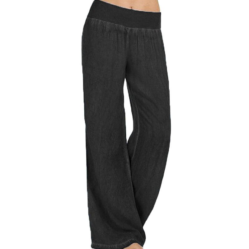 Womens Casual Leg Palazzo Pants Loose Straight Trousers-Black