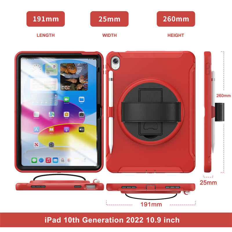 Tablet Case For iPad 10th with 360¡ã Kickstand/Hand Strap Shockproof-Red