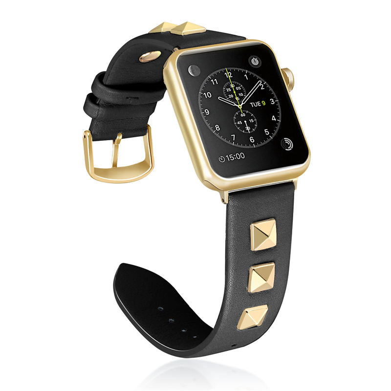 Stylish Golden Rivets Leather Replacement Band for iWatch Series 6/5/4/3/2/1/SE-Black