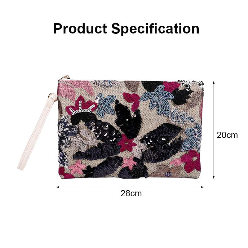 Women Clutches Embroidery Sequins Design Straw Bag for Vacation-Black