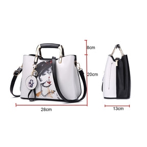 Ladies Leather Personalized Print Handbags Large Capacity Satchel-White Hat Girl