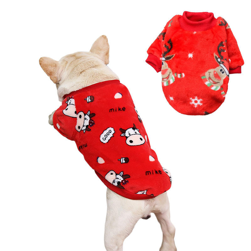 2 Pcs Dog Pajamas Flannel Red Printed Jacket Soft for Small Medium Dogs-Set2