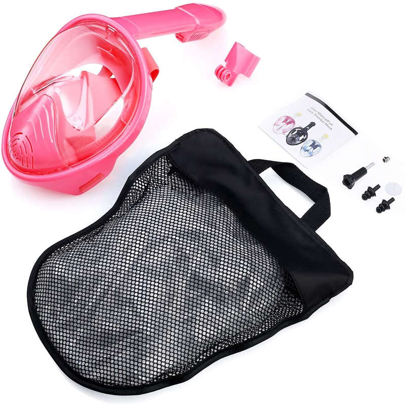 Kids Snorkel Mask Full Face with Camera Mount 180 Degree Panoramic View Snorkeling Set-Pink