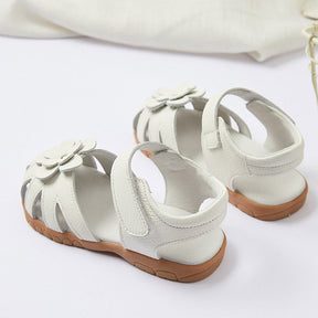 Flat Sandals for Toddler Girls Closed-Toe with Flower Summer Shoes-White