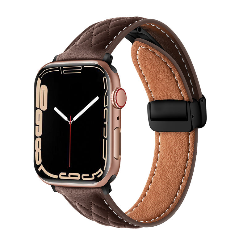 Vintage Leather Band Folding Buckle Replacement Strap for Apple Watch-Coffee