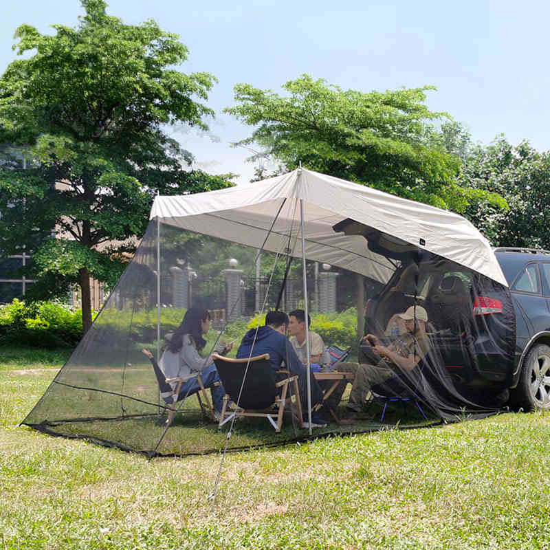 Portable Car Awning Sun Shelter with Mosquito Net for Camping-OffWhite