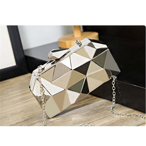 Women Lattice Pattern Metal Handbag Chain Geometric Evening Clutch Purse-Silver