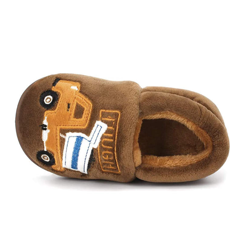 Boys Girls Warm Slippers Cartoon Kids Winter Indoor Household Shoes-Brown