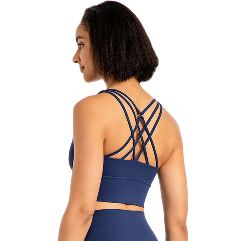 Cross Back Longline Sports Bras Wirefree Padded Crop Tank Top-Navy Blue