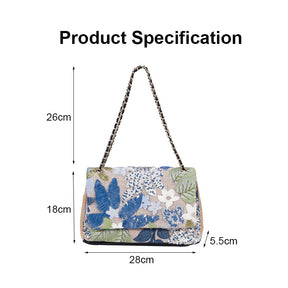 Women Fashion Crossbody Embroidery Shoulder Bag with Chain for Vacation-Light Blue