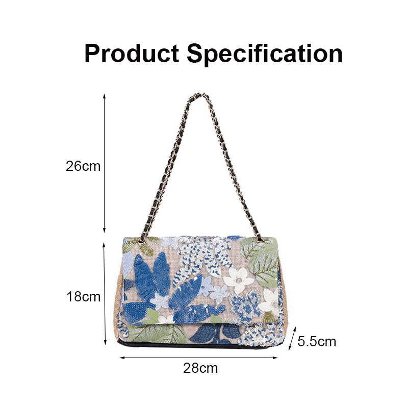 Women Fashion Crossbody Embroidery Shoulder Bag with Chain for Vacation-Light Blue