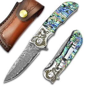 Damascus Steel Folding Pocket Knife with Leather Sheath