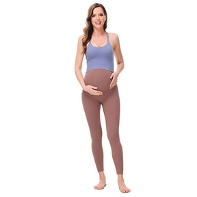 Maternity Leggings Over The Belly Stretch Breathable Yoga Tights-Brown