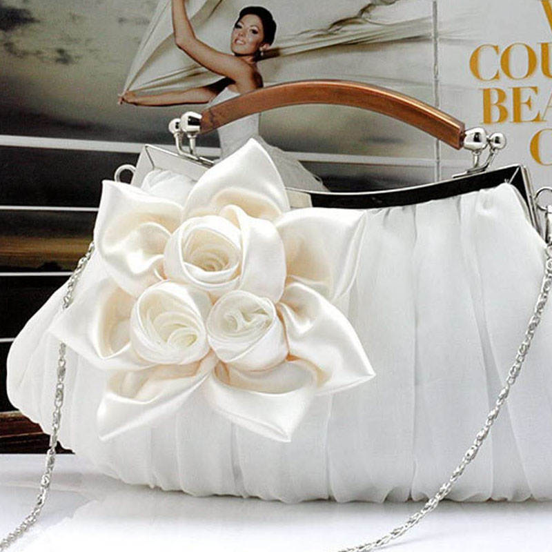 Womens Silk Flowers Evening Bags Clutch-White