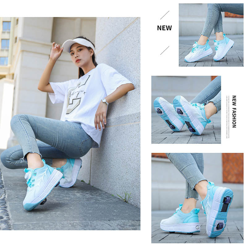 Kids Fashion Double Wheel Roller Skate Shoes Sneakers for Boys Girls-Whiteblue
