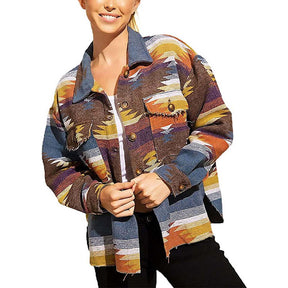 Womens Aztec Jacket Retro Lapel Long Sleeve Coat with Pockets-Coffee