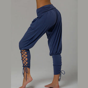 Womens Solid Color High Waist Lace Up Pants Fitness Loose Pants with Pockets-DarkBlue