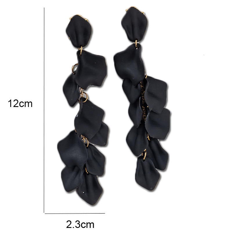 Long Drop Rose Petal Earrings for Women and Girls-Black