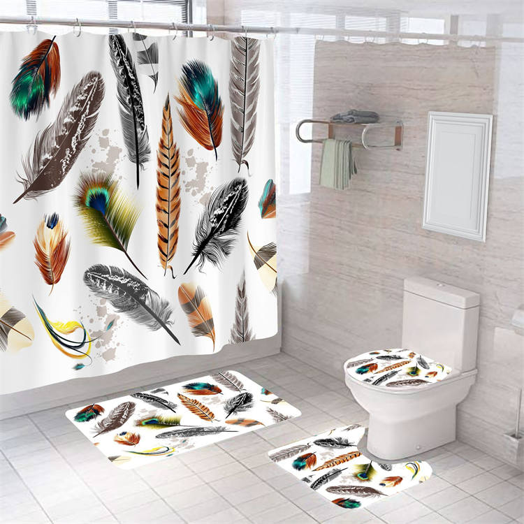 4 Pcs Shower Curtain Set Bath Mat U Shape and Toilet Lid Cover Mat with 12 Hooks-A6